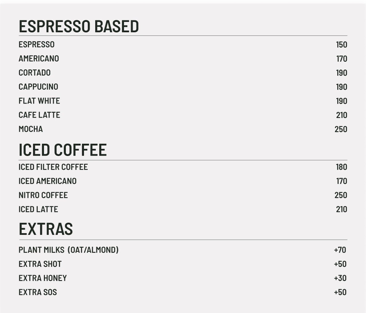 Espresso, buzlu kahve ve ekstralar menüsü